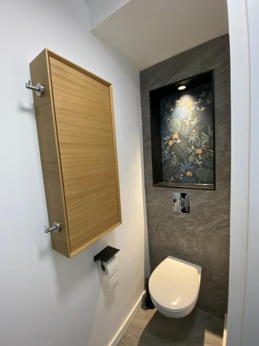 une salle de bain avec toilettes et un tableau au mur dans l'établissement Appartement refait à neuf centre ville, à Toulouse