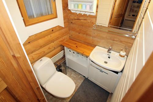 a tiny bathroom with a toilet and a sink at Saremökki in Kittilä