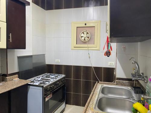 cocina con fogones y fregadero en Assuit ultra modern apartment, en Asiut