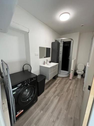 une salle de bain avec une machine à laver et un lavabo dans l'établissement Charmant appartement avec balcon proche du centre., à Périgueux