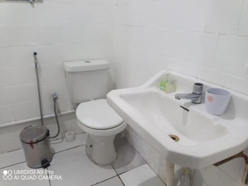 a bathroom with a white toilet and a sink at Aconchego do Lar Centro BH Apto 633 Rua da Bahia 187 in Belo Horizonte