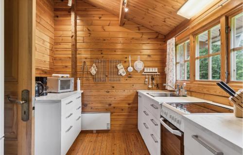 een keuken met witte apparatuur en houten wanden bij Stunning Home In Nykbing Sj With Wifi in Klint