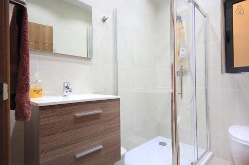 a bathroom with a shower and a sink and a toilet at Étoile Court Apt - homey, spacious & private patio in Mġarr