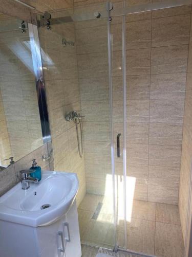 a bathroom with a shower and a white sink at Skh 3 in Praid