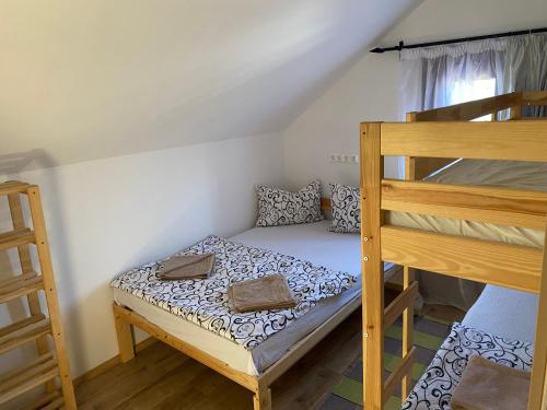 a small bedroom with a bunk bed and a ladder at Skh 3 in Praid
