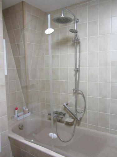 a shower in a bathroom with a tub at Komfort FeWo Stadt Mitte in Trier