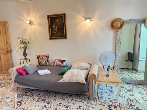 a room with a couch with pillows and a mirror at Les Coulisses de l'HORLOGE - WIFI - 50 m Palais des Papes in Avignon