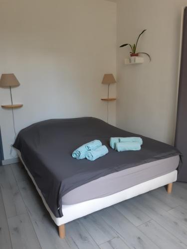 a bed with two towels on top of it at Le murier ensoleillé in Chinon