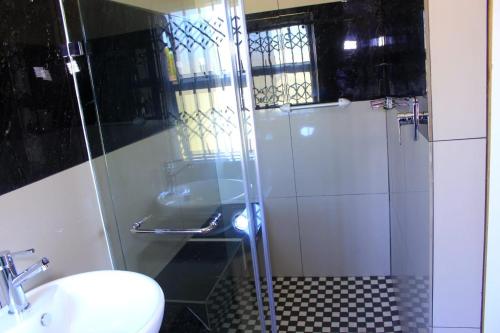 a bathroom with a shower and a toilet and a sink at Joyous Lodges in Cape Town