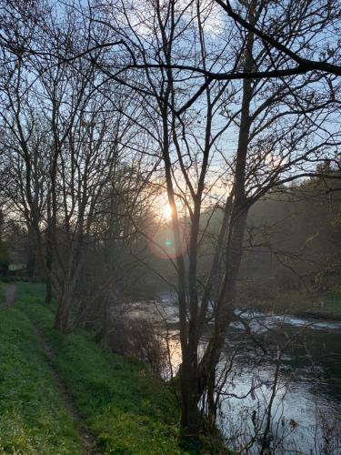 a sunrise over a river with trees in the foreground at Immaculate 3-Bed Lodge in Hawick in Hawick