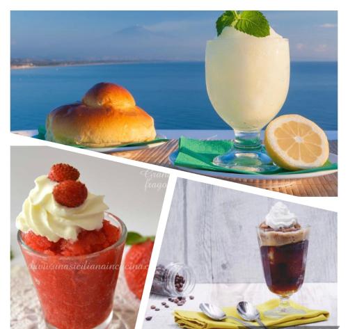 un collage de trois photos de desserts et une boisson dans l'établissement La Baia Di Ulisse, à Venetico