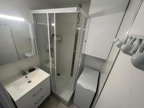 La petite salle de bains est pourvue d'une douche et d'un lavabo. dans l'établissement T3 front de mer avec piscine, à Frontignan