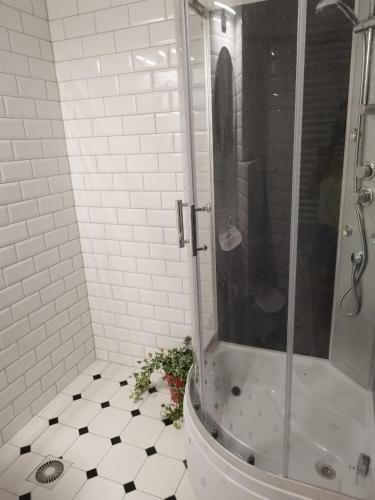 a bathroom with a shower and a black and white floor at Urban Nest Apartments Starowiślna 30A in Krakow