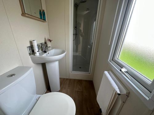 a bathroom with a toilet and a sink and a shower at Caravan Delta 2 Bedroom in Rhyl in Rhyl