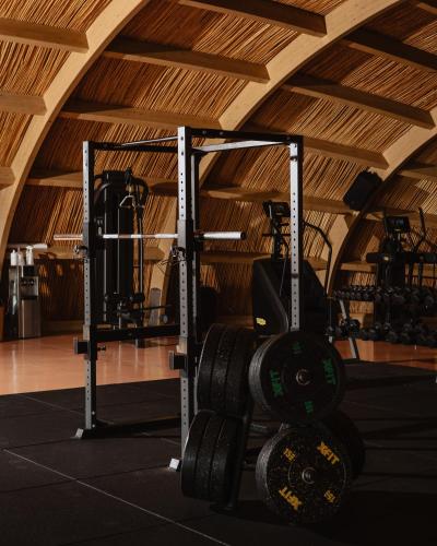 a gym with two weight racks in a room at Acro Suites - A Wellbeing Resort in Agia Pelagia