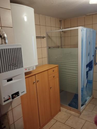 a kitchen with a shower and a wooden cabinet at Monteurhaus Mühlbach :-) in Stadtsteinach