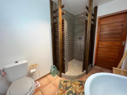 y baño con ducha, aseo y lavamanos. en La Belle Epoque (3*) - Maison avec vue sur mer à Bouillante en Bouillante