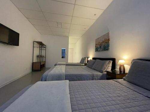 um quarto grande com duas camas e uma televisão em VILLA BILAC 04 - Amplo Studio próxima à Vila Germânica em Blumenau
