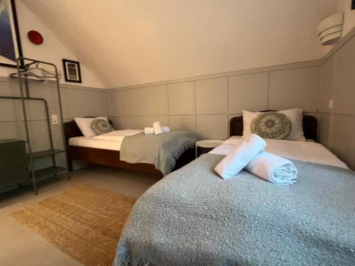 a room with two beds in a room at NEON Apartman Csopak Balaton, large botanical garden, bicycles, pet&family friendly, outside kitchen, in Csopak