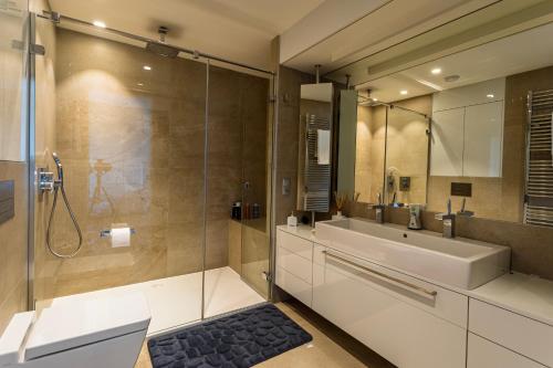 La salle de bains est pourvue d'un lavabo et d'une douche. dans l'établissement Rezidence Eliška, à Prague