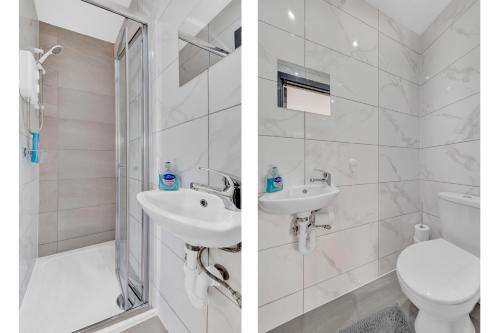 two pictures of a bathroom with a toilet and a sink at Captivating 1-Bed Studio in Feltham in Feltham