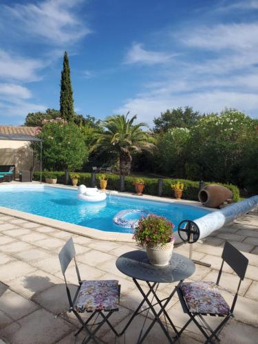 Arpaillargues-et-AureillacCHAMBRE D HOTES à 4 KMS D UZES " Chez Nadou "的一个带两把椅子和一张桌子的庭院和一个游泳池