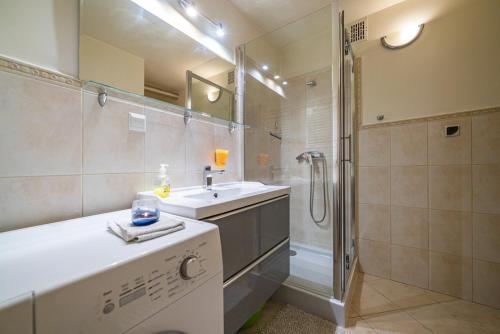 a bathroom with a sink and a shower at Sosnowy Zakątek Jurata in Jurata