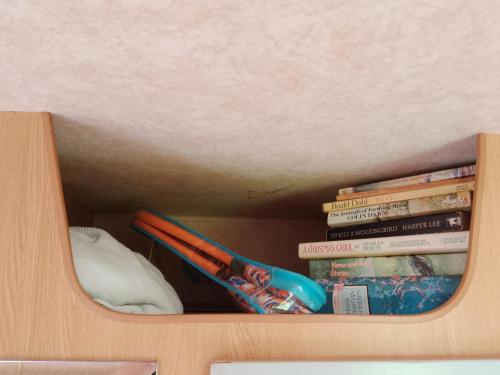 een boekenplank met een honkbalknuppel en boeken bij Retro caravan 
