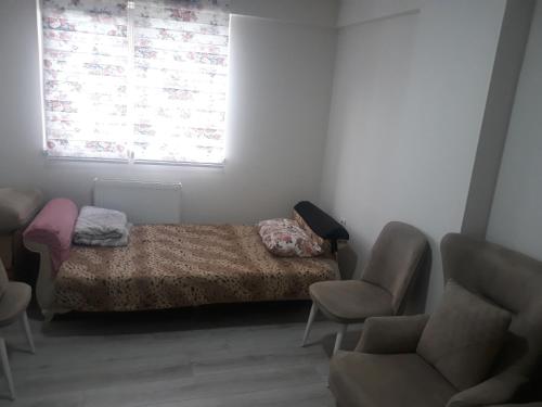 1 Schlafzimmer mit einem Bett, einem Fenster und 2 Stühlen in der Unterkunft Bursa Görükle in Bursa