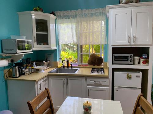 cocina con armarios blancos, fregadero y ventana en Sunrise Suite en Gros Islet