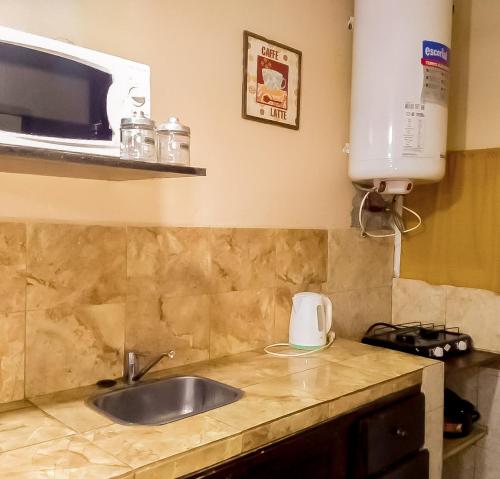 a kitchen counter with a sink and a microwave at Bungalows La Pilarica in Federación