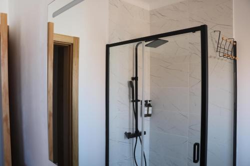 a shower with a glass door in a bathroom at Puro São Jacinto in Aveiro