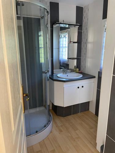 une salle de bain avec douche et lavabo dans l'établissement Mobil home avec piscine sur la côte de granit rose, à Trégastel
