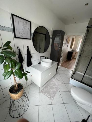 ein Badezimmer mit einem Waschbecken, einem Spiegel und einer Pflanze in der Unterkunft Ein Haus für sich in Lübeck