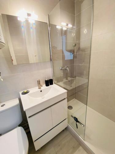 une salle de bain avec un lavabo blanc et une douche dans l'établissement Appartement à la Favière T2 à 5 minutes à pied de la plage, à Bormes-les-Mimosas