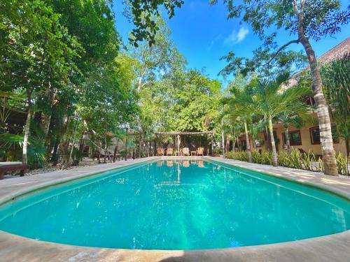 a swimming pool in a resort with trees at Aldea Xaan Ha Tulum in Tulum