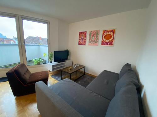 ein Wohnzimmer mit einem Sofa und einem TV in der Unterkunft Modernes Apartment in zentraler Lage in Münster