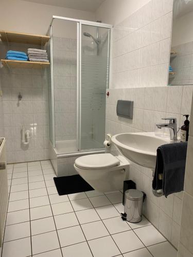 a bathroom with a sink and a shower and a toilet at Modernes Apartment in zentraler Lage in Münster