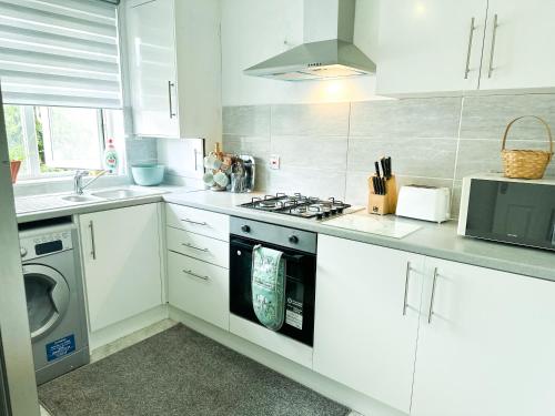 a white kitchen with a stove and a dishwasher at Cosy apartment in London