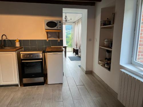 a kitchen with a stove and a refrigerator at Maison independante pour 2 tout inclus Tiny House for 2 all included in Teilhet