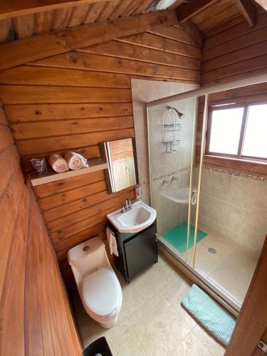 an overhead view of a bathroom with a toilet and a shower at Cabañas Tr'eje in Valle de Bravo
