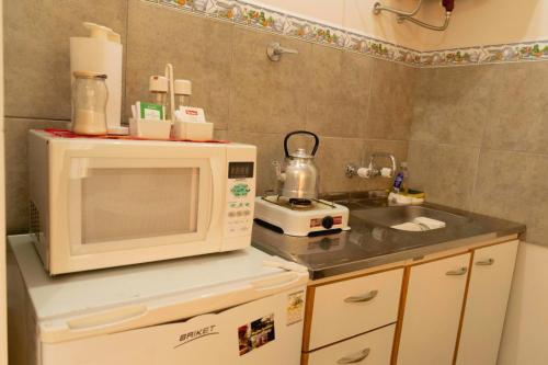 a kitchen with a microwave and a sink at LOS GURISES Villa Elisa in Villa Elisa