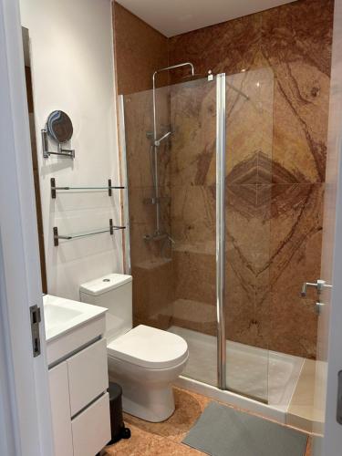La salle de bains est pourvue de toilettes et d'une douche en verre. dans l'établissement Golden Place - Cacilhas, à Almada