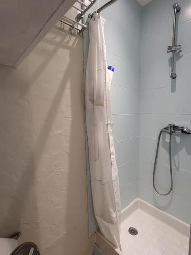 La salle de bains est pourvue d'une douche avec rideau de douche blanc. dans l'établissement Studio cosy au cœur du quartier Saint-Pierre, à Amiens