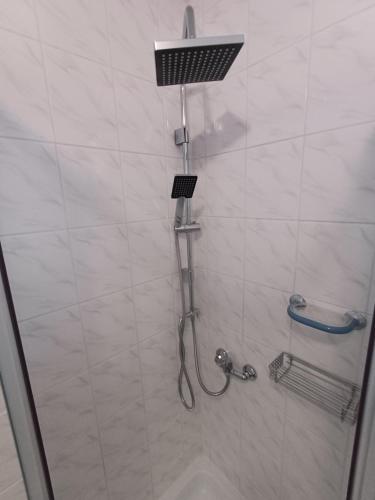 a shower with a shower head in a bathroom at Gyarmati vendégház in Sirok