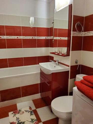a bathroom with a white toilet and a sink at Apartman Lux in Covasna