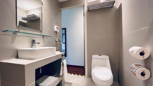 uma casa de banho branca com um lavatório e um WC em Hotel Ritz Ciudad de México em Cidade do México