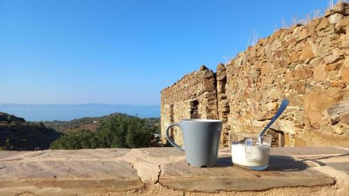 um copo e uma colher sentados num parapeito em Lemon's Cottage House, Volissos, Chios em Volissos