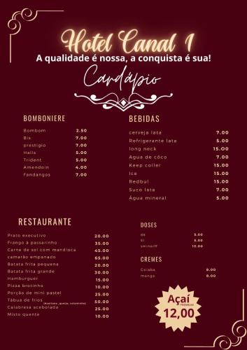 a menu for the madrid camel restaurant at Hotel Canal Hum in Brasilia