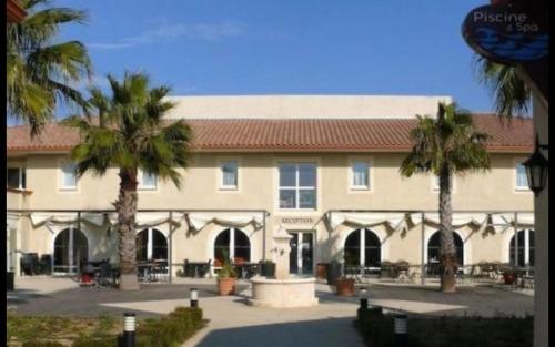 un grand bâtiment avec des palmiers devant lui dans l'établissement La villa De Lina 509 -Self Check In -, à Gallargues-le-Montueux